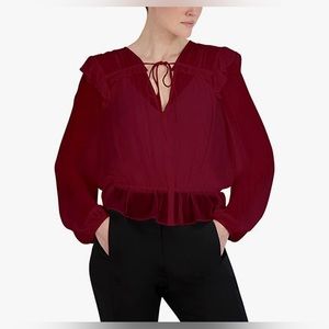 BCBGMAXAZRIA Relaxed Peplum Top  With Tie Ruffle